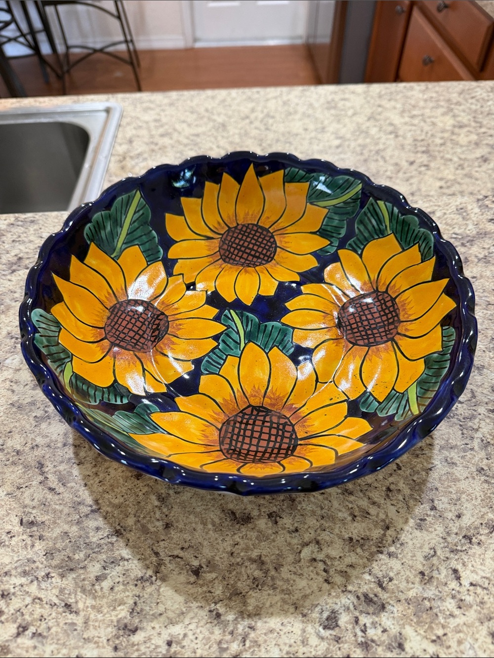 Hand-Painted Sunflower Ceramic Bowl - Blue and Yellow